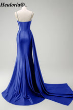 heuloria-Rhinestone Satin Corset Prom Dress with High Slit and Side Train-ed-357