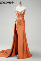 heuloria-Rhinestone Satin Corset Prom Dress with High Slit and Side Train-ed-357