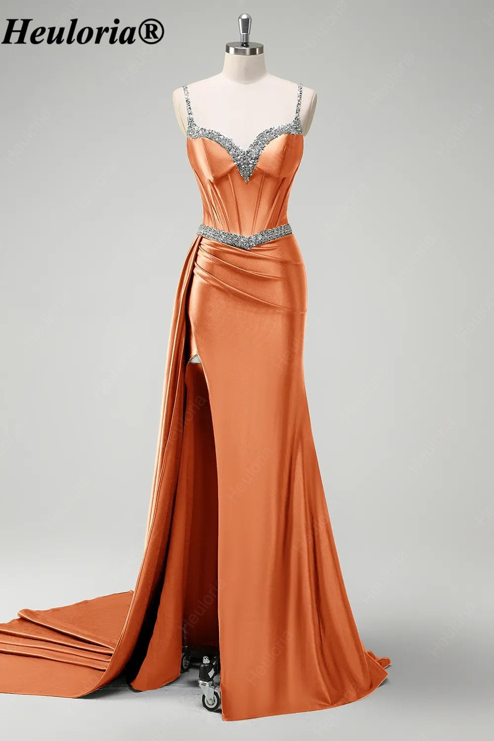 heuloria-Rhinestone Satin Corset Prom Dress with High Slit and Side Train-ed-357
