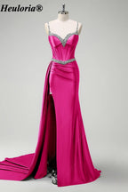 heuloria-Rhinestone Satin Corset Prom Dress with High Slit and Side Train-ed-357