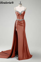 heuloria-Rhinestone Satin Corset Prom Dress with High Slit and Side Train-ed-357
