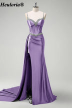 heuloria-Rhinestone Satin Corset Prom Dress with High Slit and Side Train-ed-357