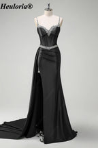 heuloria-Rhinestone Satin Corset Prom Dress with High Slit and Side Train-ed-357