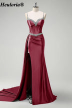 heuloria-Rhinestone Satin Corset Prom Dress with High Slit and Side Train-ed-357