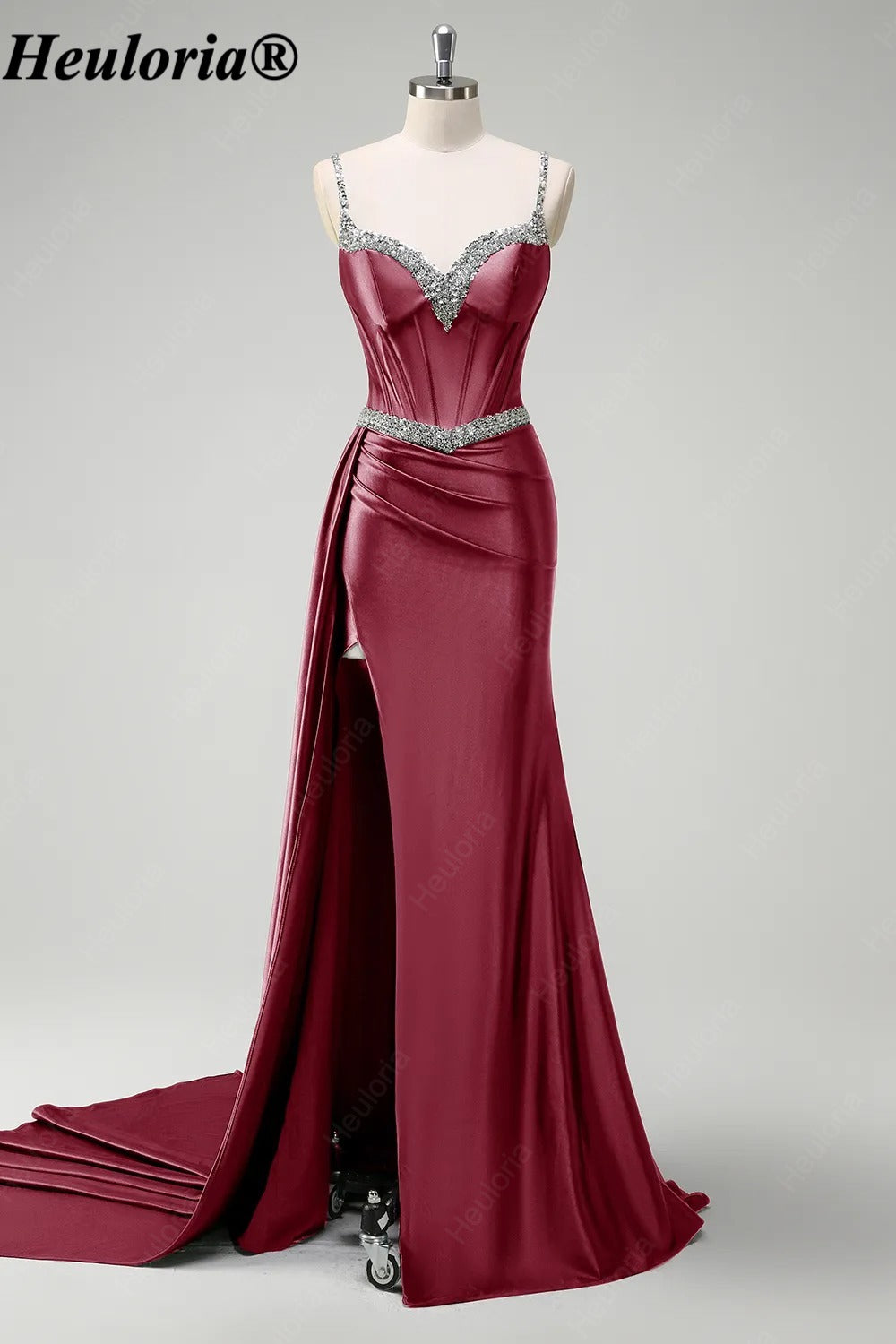 heuloria-Rhinestone Satin Corset Prom Dress with High Slit and Side Train-ed-357