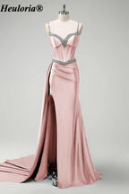 heuloria-Rhinestone Satin Corset Prom Dress with High Slit and Side Train-ed-357