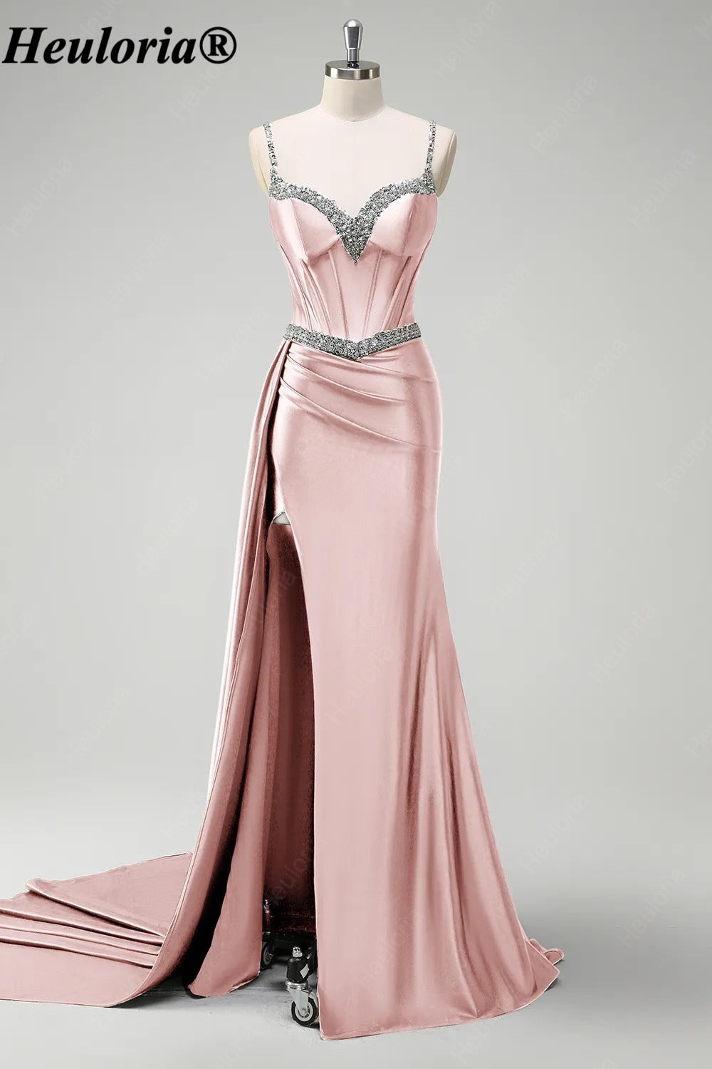 heuloria-Rhinestone Satin Corset Prom Dress with High Slit and Side Train-ed-357