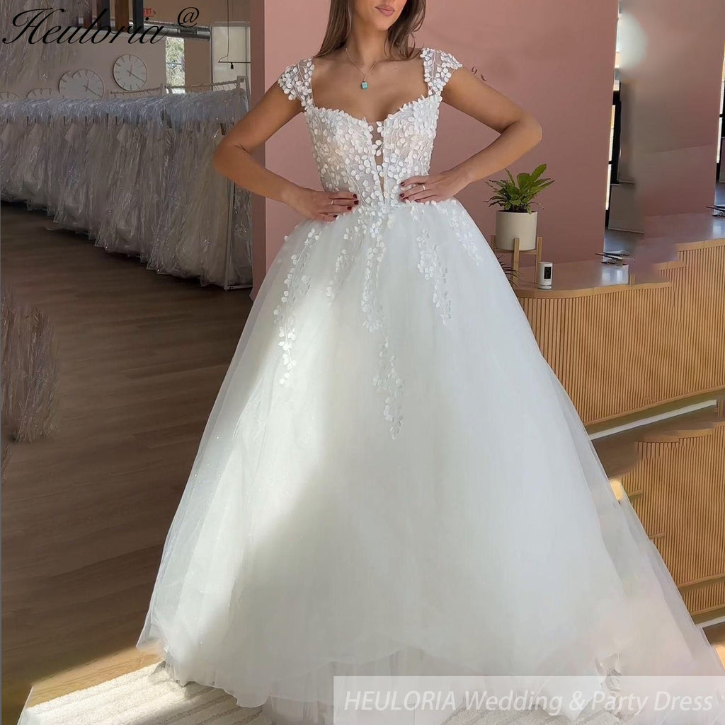 HEULORIA Sparkly Glitter A Line Lace Boho Wedding Dresses sweetheart 3D floral bridal dress vestidos de novia Customized AL-924