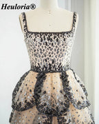 Champagne Black & Silver Sequin Square Neck Tiered Evening Dress ED-589