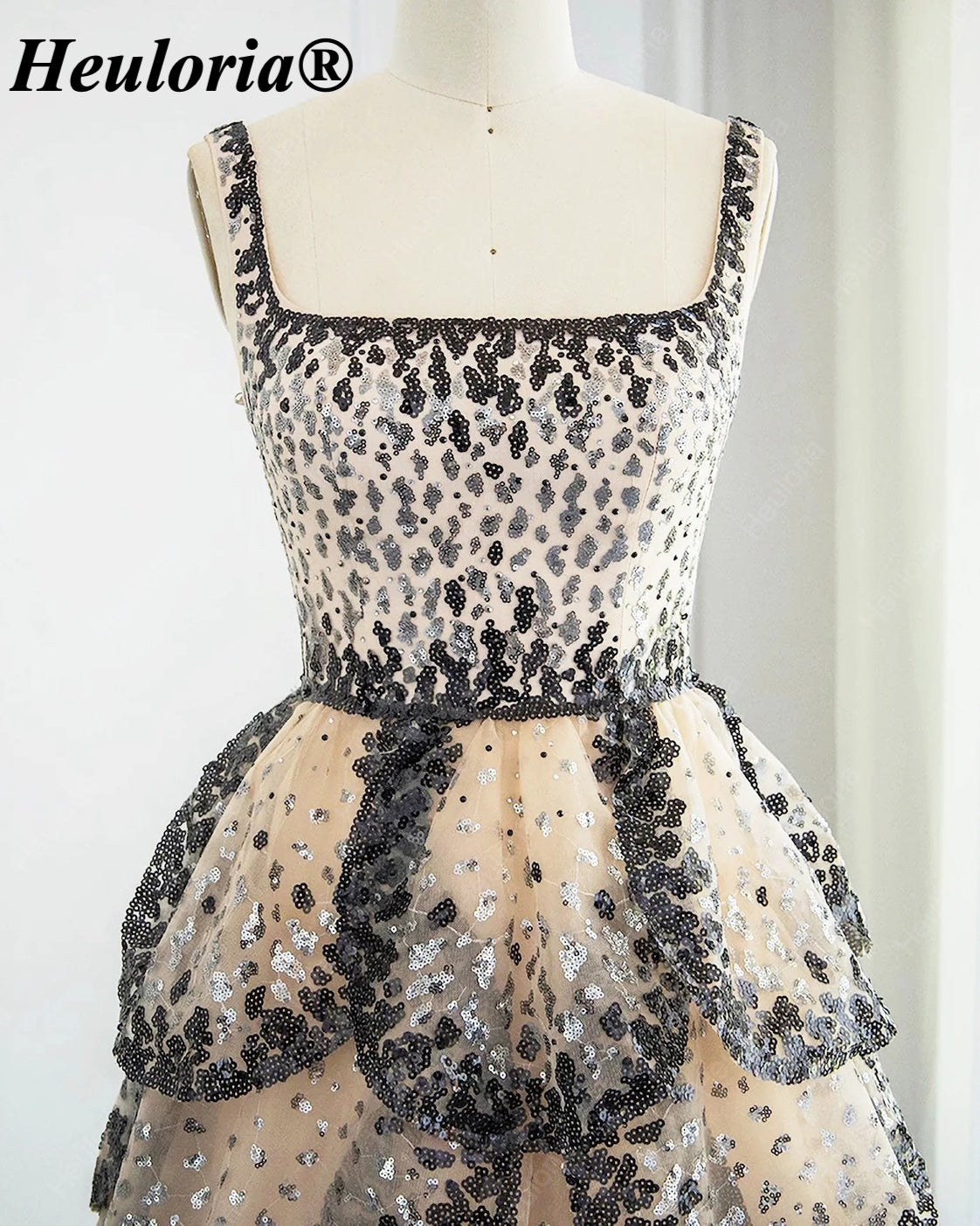 Champagne Black & Silver Sequin Square Neck Tiered Evening Dress ED-589