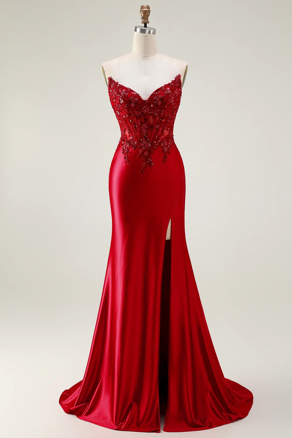 HEULORIA Elegant Red Mermaid Prom Dress with Illusion Lace Corset and High Slit ED-362