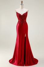 HEULORIA Elegant Red Mermaid Prom Dress with Illusion Lace Corset and High Slit ED-362