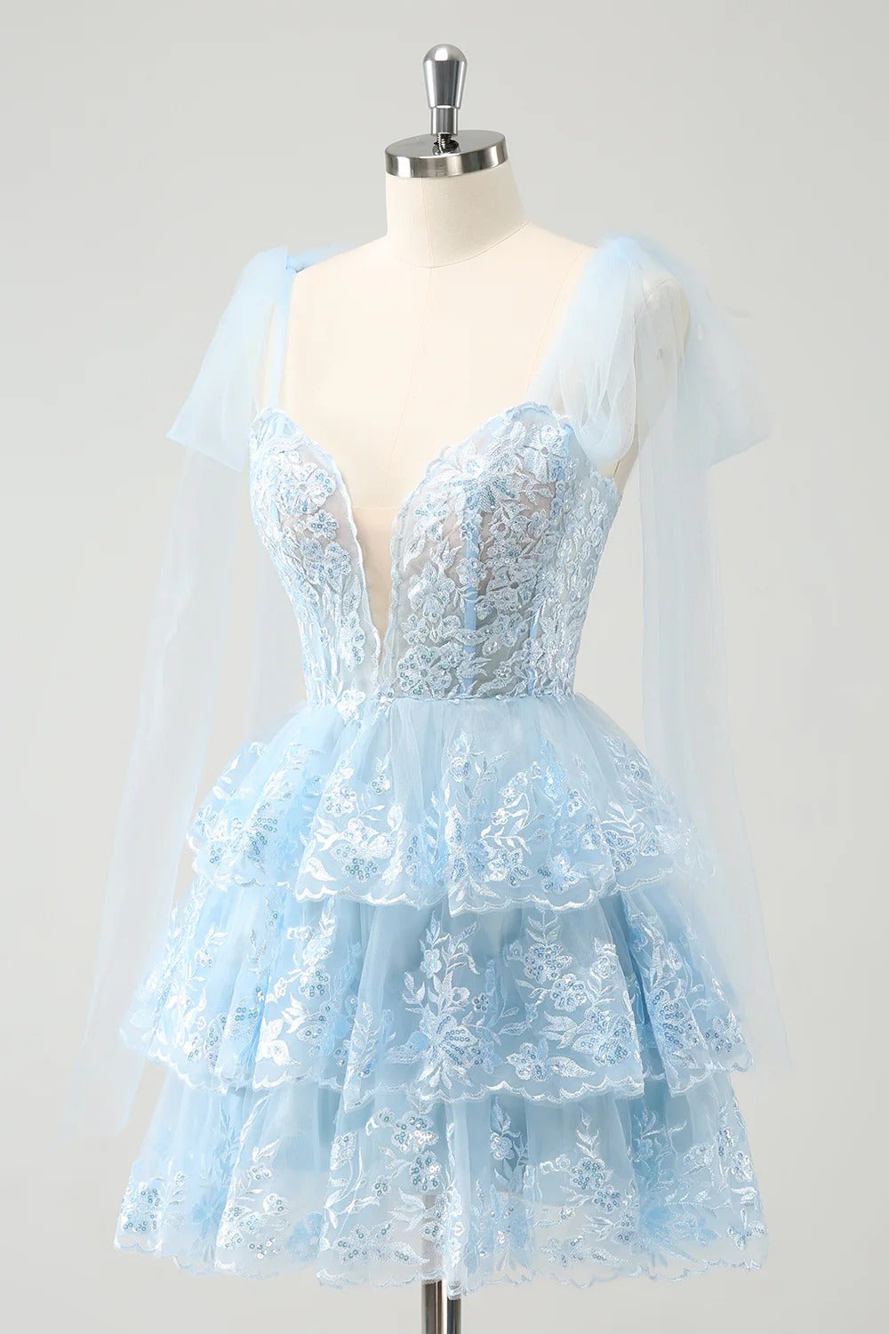 HEULORIA Sky Blue Floral Lace Tiered Mini Party Dress with Tulle Shoulder Streamers ED-593