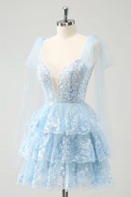 HEULORIA Sky Blue Floral Lace Tiered Mini Party Dress with Tulle Shoulder Streamers ED-593