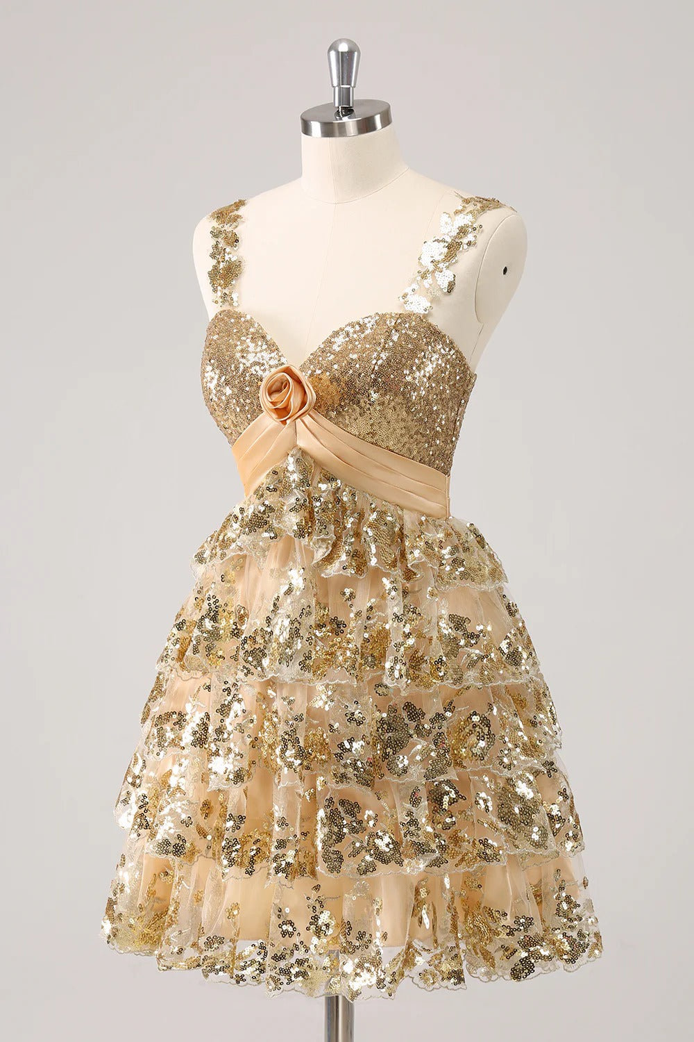 HEULORIA Sparkling Gold Tiered Sequin Mini Dress with Sweetheart Neckline and Rosette Detail ED-594