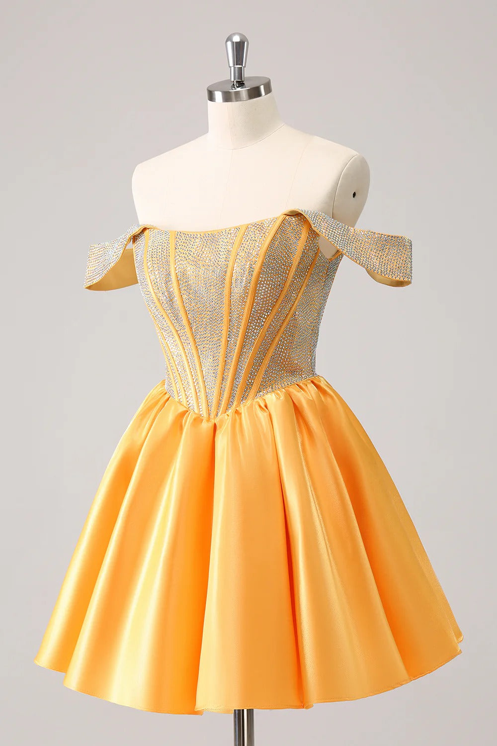 HEULORIA Sparkly Rhinestone Corset Homecoming Dress Off-the-Shoulder Satin Mini Party Gown ED-596