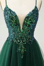 HEULORIA Short Emerald Green V-Neck Sequined Homecoming Dress with Illusion Plunge & Lace-Up Back ED-282