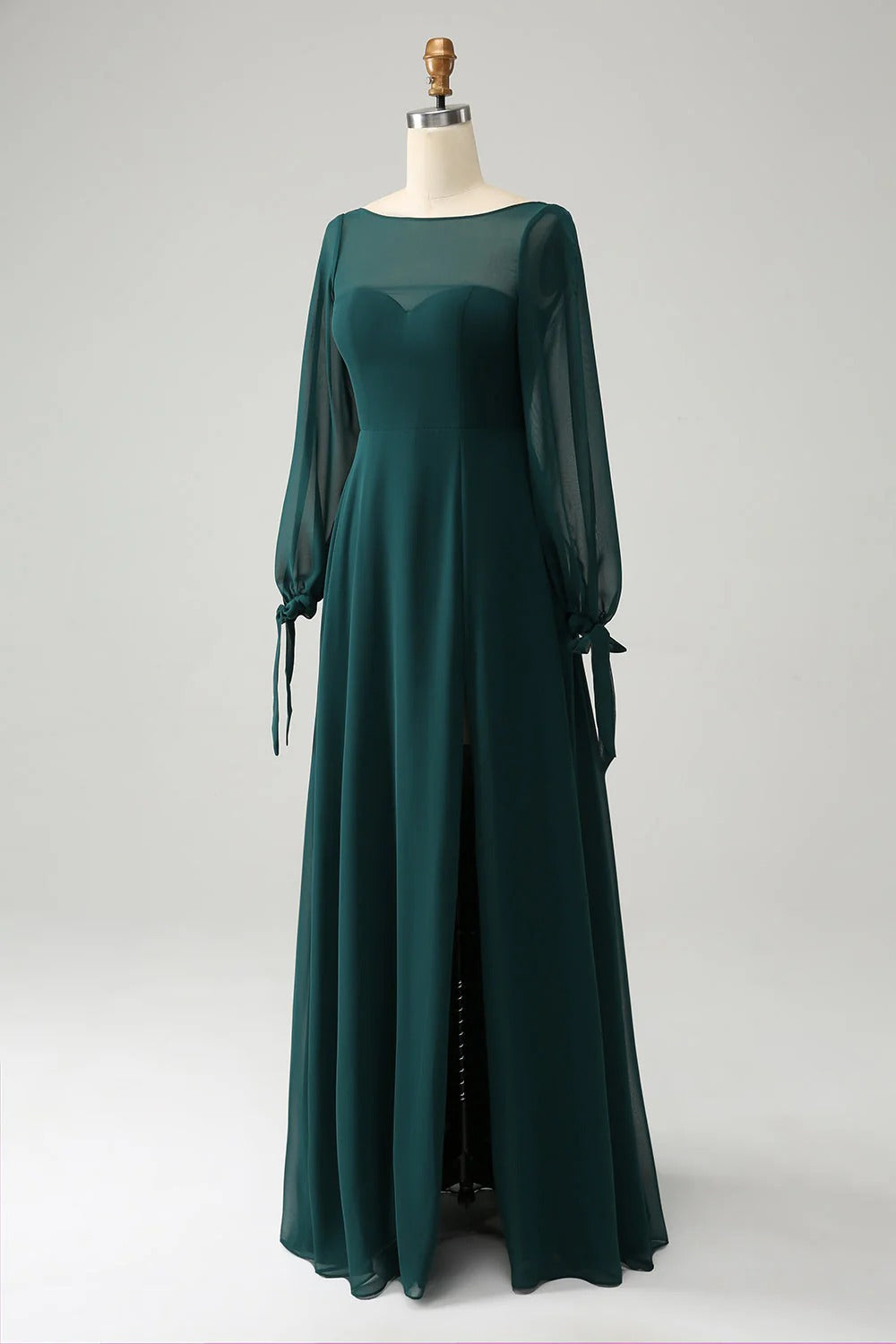 HEULORIA Dark Green Illusion Bateau Neck Evening Dress with Sheer Tie-Cuff Bishop Sleeves ED-255