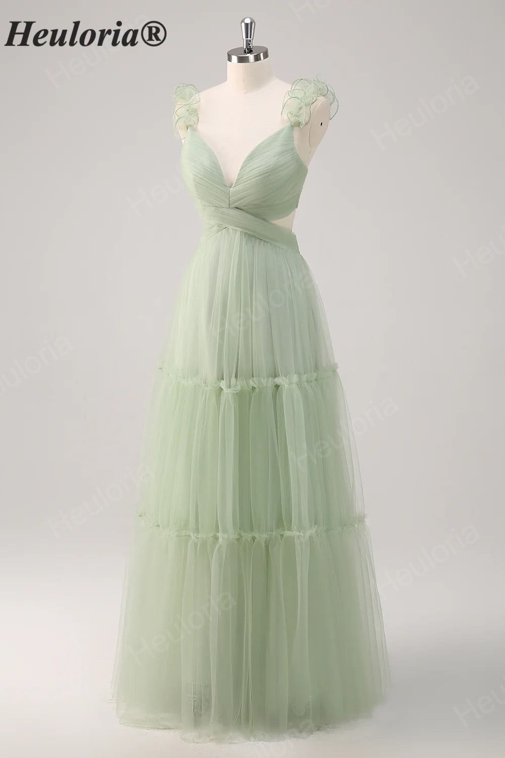 HEULORIA Romantic Dusty Sage Tiered Tulle V-Neck Prom Dress with Floral Ruffled Straps ED-561
