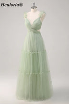 HEULORIA Romantic Dusty Sage Tiered Tulle V-Neck Prom Dress with Floral Ruffled Straps ED-561