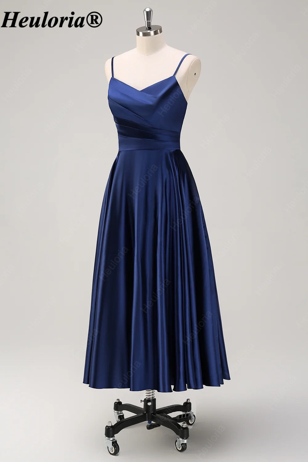 HEULORIA Navy Satin Midi Bridesmaid Dress with Pleated Bodice ED-529