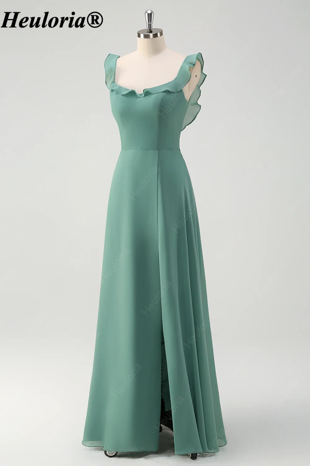 heuloria-Eucalyptus Ruffle Neck Bridesmaid Dress with Open Back and Slit-ed-540