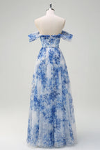 Heuloria Dreamy Blue Floral Strapless Tulle Prom Dress with High Slit and Corset Bodice ED-509