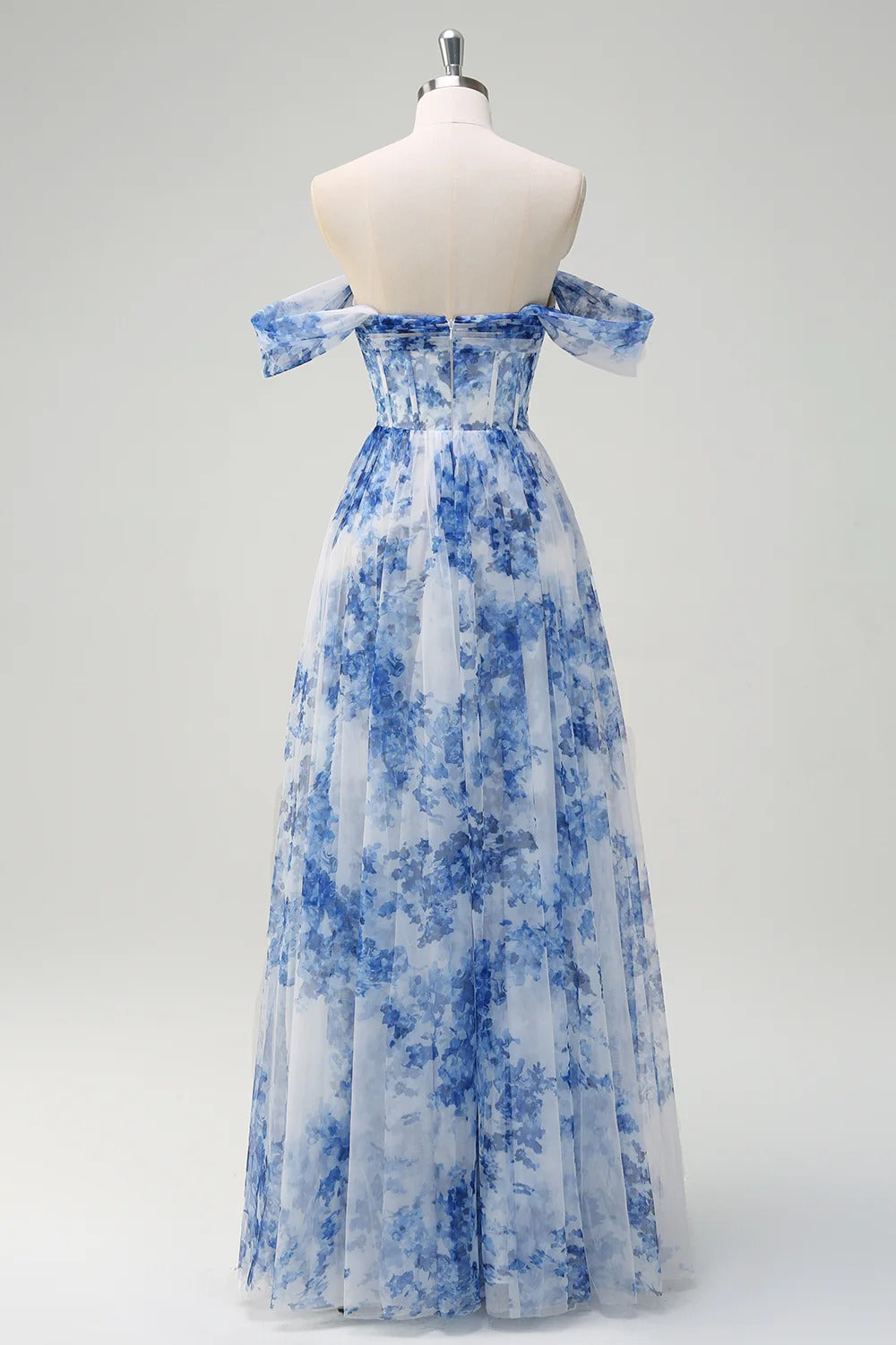 Heuloria Dreamy Blue Floral Strapless Tulle Prom Dress with High Slit and Corset Bodice ED-509