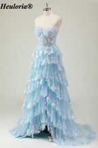 HEULORIA Strapless Sweetheart Floral Tiered Tulle Prom Dress ED-573