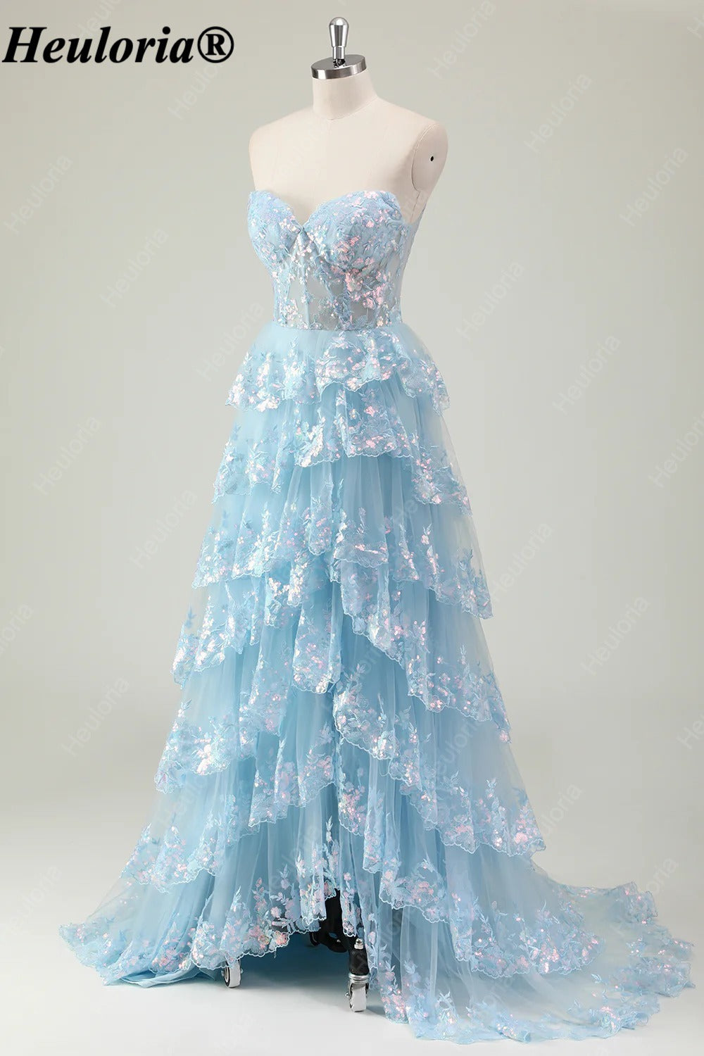 HEULORIA Strapless Sweetheart Floral Tiered Tulle Prom Dress ED-573