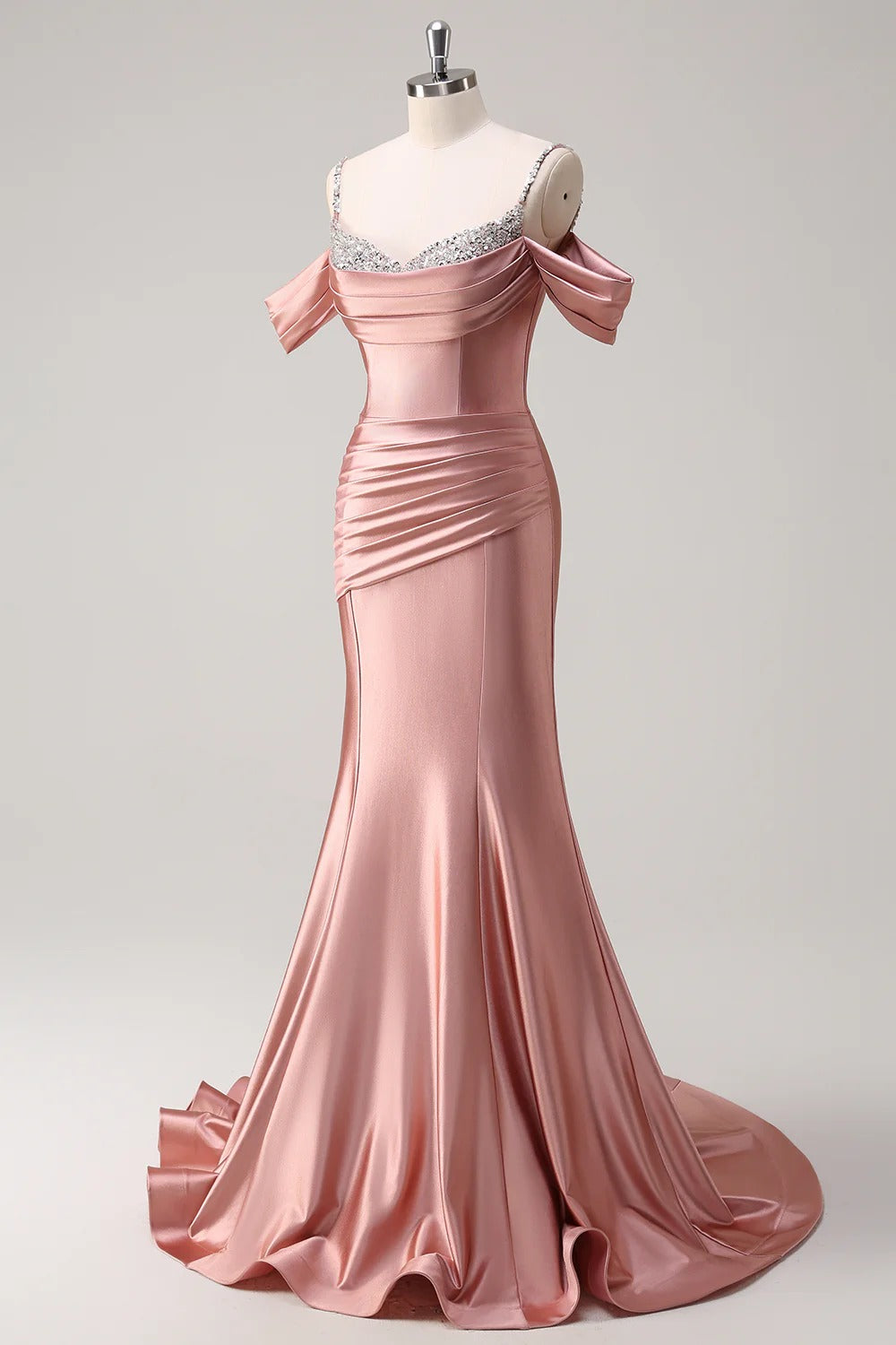 HEULORIA Elegant Ruched Satin Mermaid Evening Gown with Crystal Embellished Straps & Off-the-Shoulder Sleeves ED-349