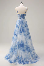 HEULORIA Blue Watercolor Floral Chiffon A-Line Prom Dress with Cowl Neck and Corset Bodice ED-511