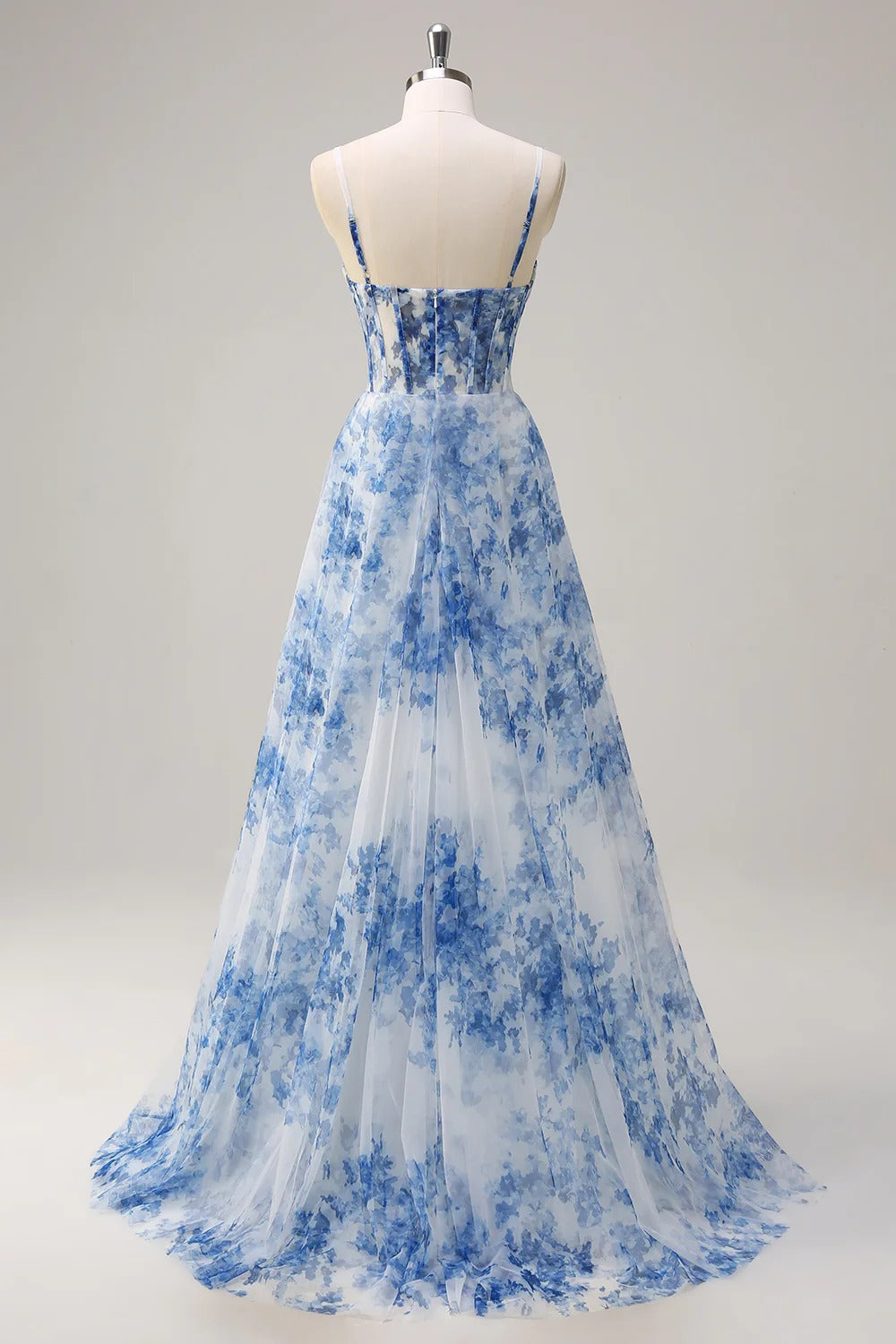 HEULORIA Blue Watercolor Floral Chiffon A-Line Prom Dress with Cowl Neck and Corset Bodice ED-511