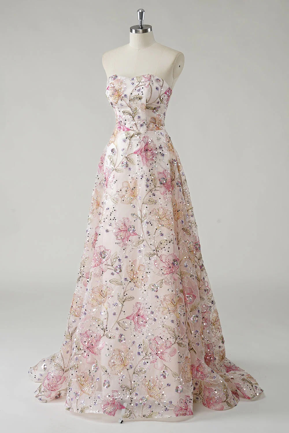 HEULORIA Enchanting Strapless Floral Embroidery Sequined A-Line Evening Gown - Romantic Prom & Wedding Guest Dress ED-643