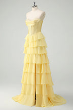 HEULORIA Strapless Corset Bodice Tiered Ruffle Evening Gown - Multi-Color prom dress ED-236