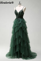 HEULORIA Dark Green Sequin Lace Tiered Tulle Prom Dress ED-576
