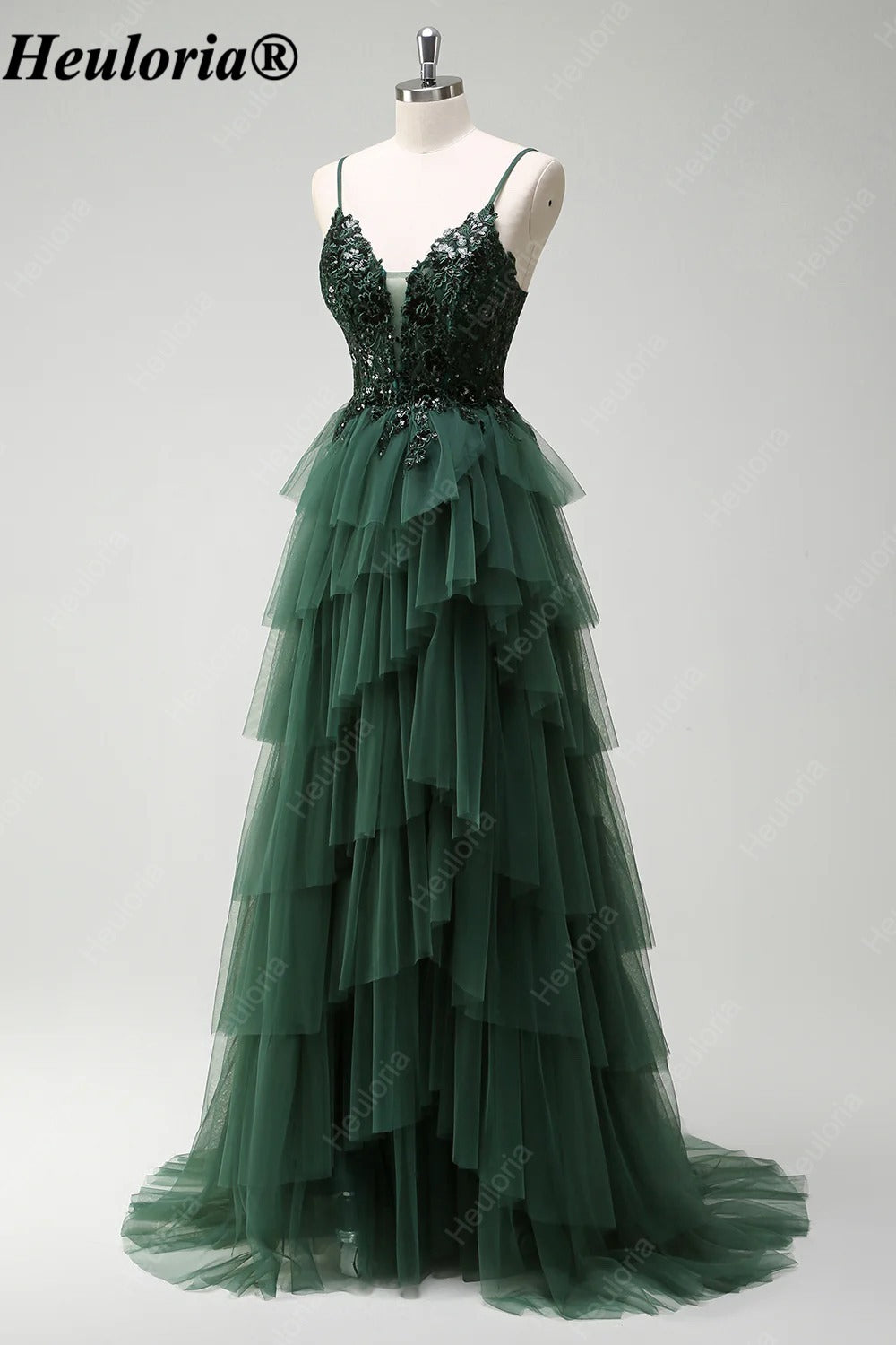 HEULORIA Dark Green Sequin Lace Tiered Tulle Prom Dress ED-576
