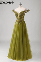 HEULORIA Olive Green Off-Shoulder Sequin Lace Tulle Prom Dress ED-574