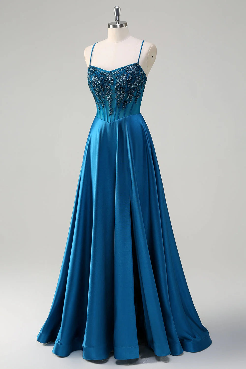 HEULORIA Luxurious Peacock Blue Beaded Evening Gown: Illusion Corset Bodice A-Line Satin Prom Dress with Lace-up Back ED-370