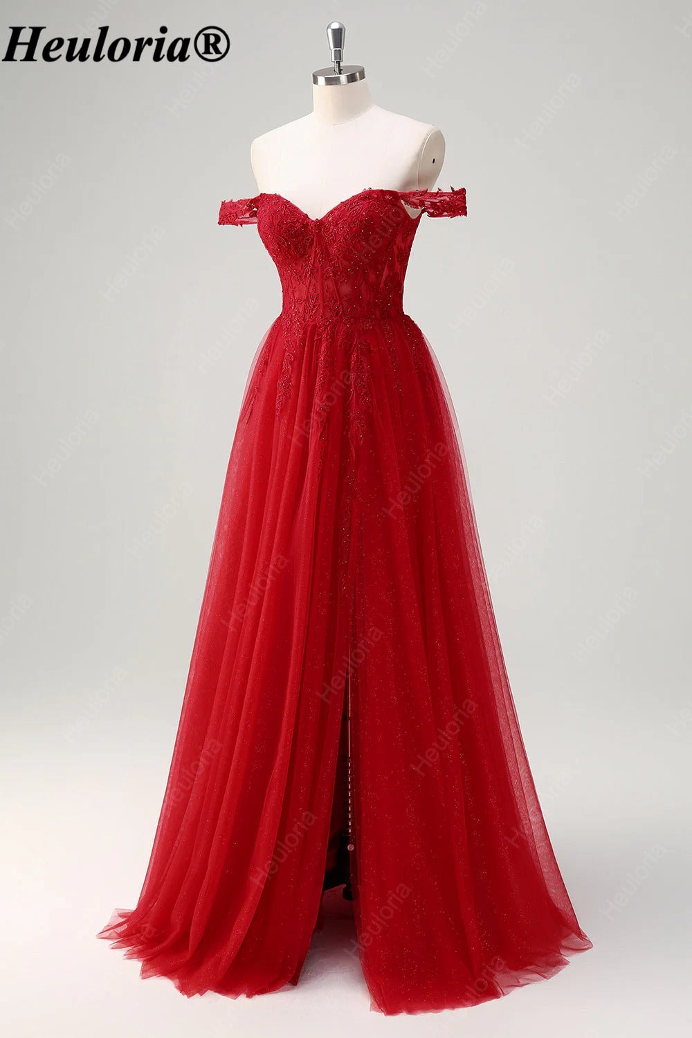 HEULORIA Red Off-the-Shoulder Lace Corset A-Line Tulle Prom Dress ED-351