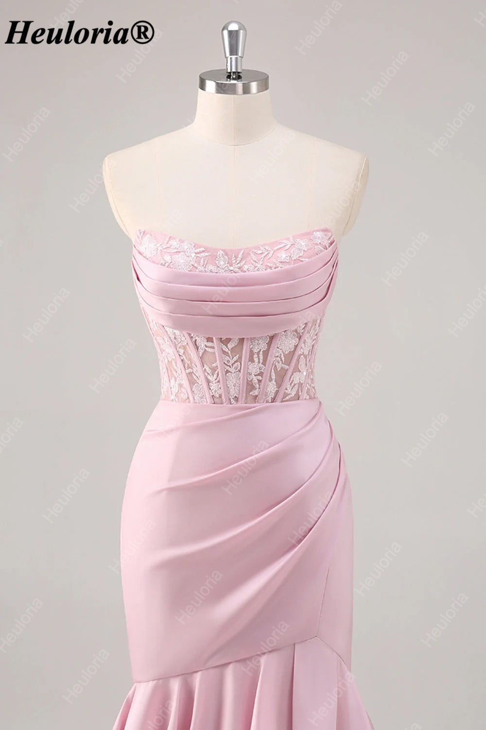 Blush Pink Strapless Lace Corset Tiered Mermaid Prom Dress with Slit ED-251