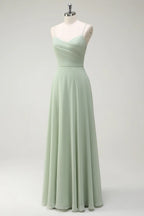 HEULORIA Dusty Sage Chiffon A-Line Bridesmaid Dress with Ruched Sweetheart Neckline and Spaghetti Straps ED-268