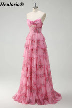 HEULORIA Blush Floral Strapless Tiered A-Line Prom Dress with Rosette ED-347