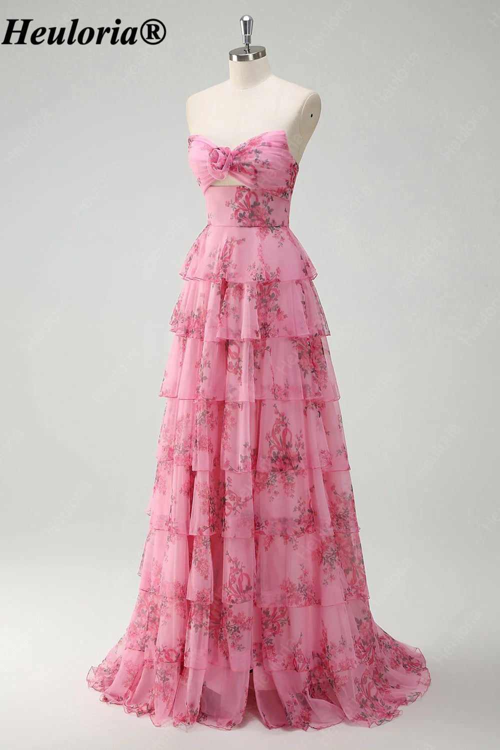 HEULORIA Blush Floral Strapless Tiered A-Line Prom Dress with Rosette ED-347