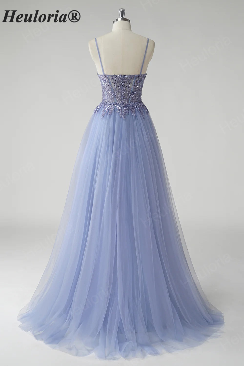 Heuloria Ethereal Beaded Lace Tulle A-Line Prom Dress with Spaghetti Straps and Illusion Bodice ED-503