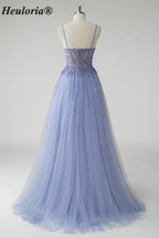Heuloria Ethereal Beaded Lace Tulle A-Line Prom Dress with Spaghetti Straps and Illusion Bodice ED-503
