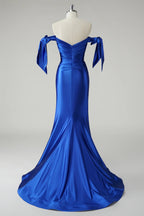 HEULORIA Elegant Royal Blue Off-the-Shoulder Satin Mermaid Evening Dress with High Slit and Bow Knots ED-504