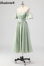 HEULORIA Sage Green Off-Shoulder Satin Tea-Length Bridesmaid Dress ED-541