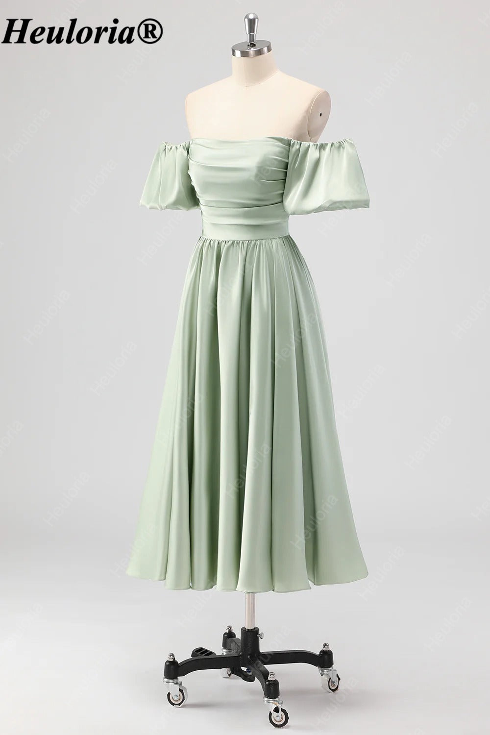 HEULORIA Sage Green Off-Shoulder Satin Tea-Length Bridesmaid Dress ED-541