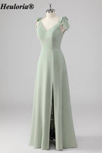 heuloria Sage Green V-Neck Bridesmaid Dress with Bow Shoulders and Slit ed-531